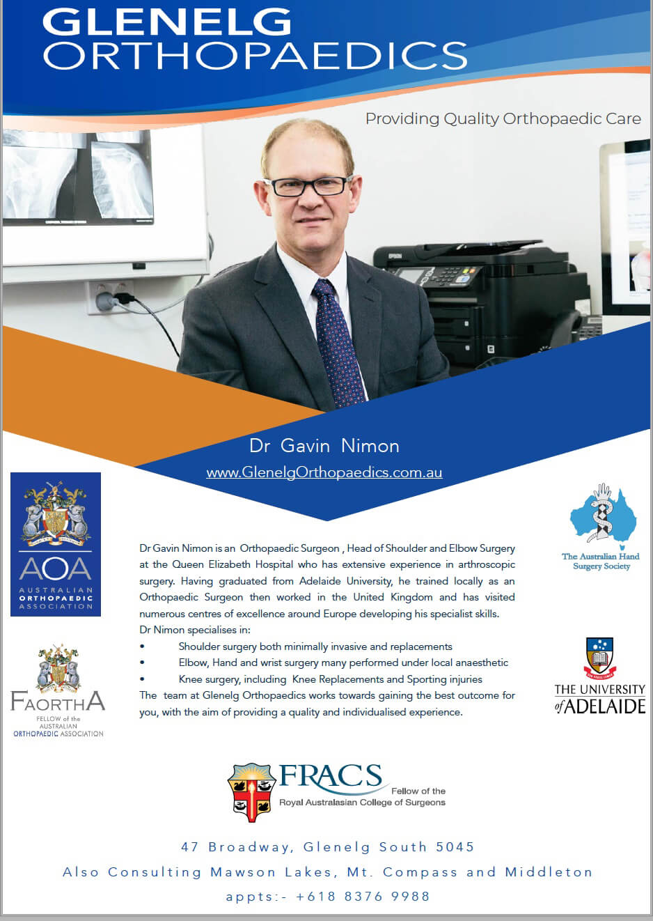 Brochure Outlining What Glenelg Orthopaedics Offers