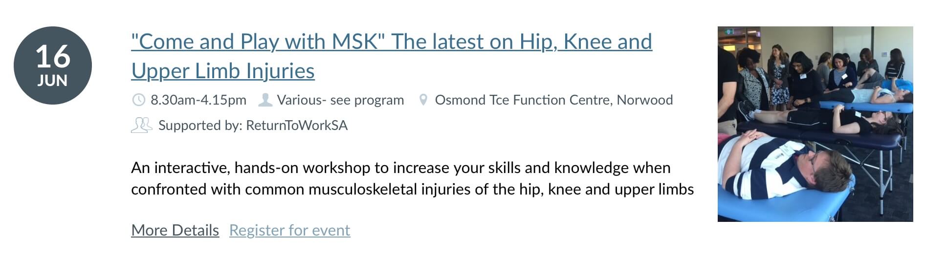 “Come and Play with MSK” An update on Hip, Knee and Upper Limb Injuries to be held this Saturday, 16 June 2018